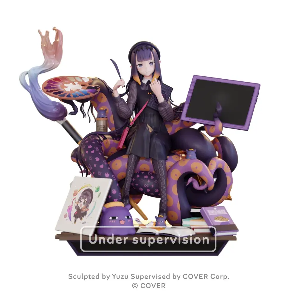 The full figure on a plain background: Ina seated among her tentacles with palette and paintbrush raised, the AO-Chan tablet beside her, and a painted canvas, books and Takodachi across the base.